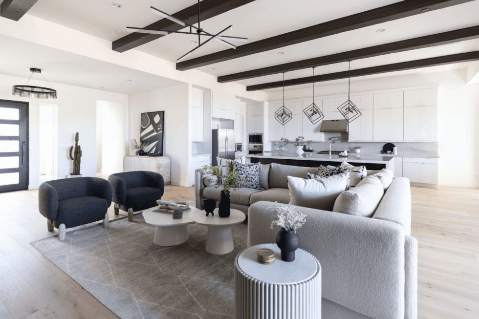 custom sofa and two large upholstered chairs