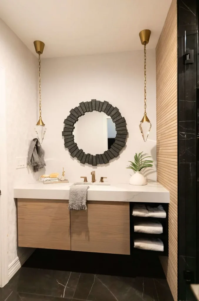 Bright modern bathroom with wooden floating vanity