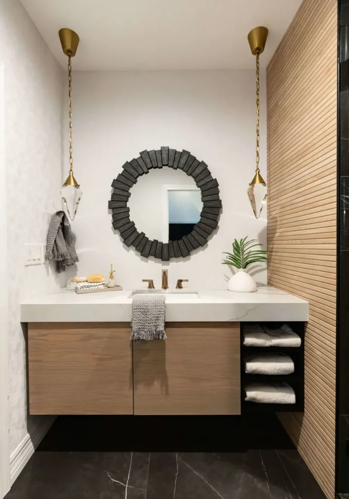 Floating wooden vanity with round black mirror and gold fixtures