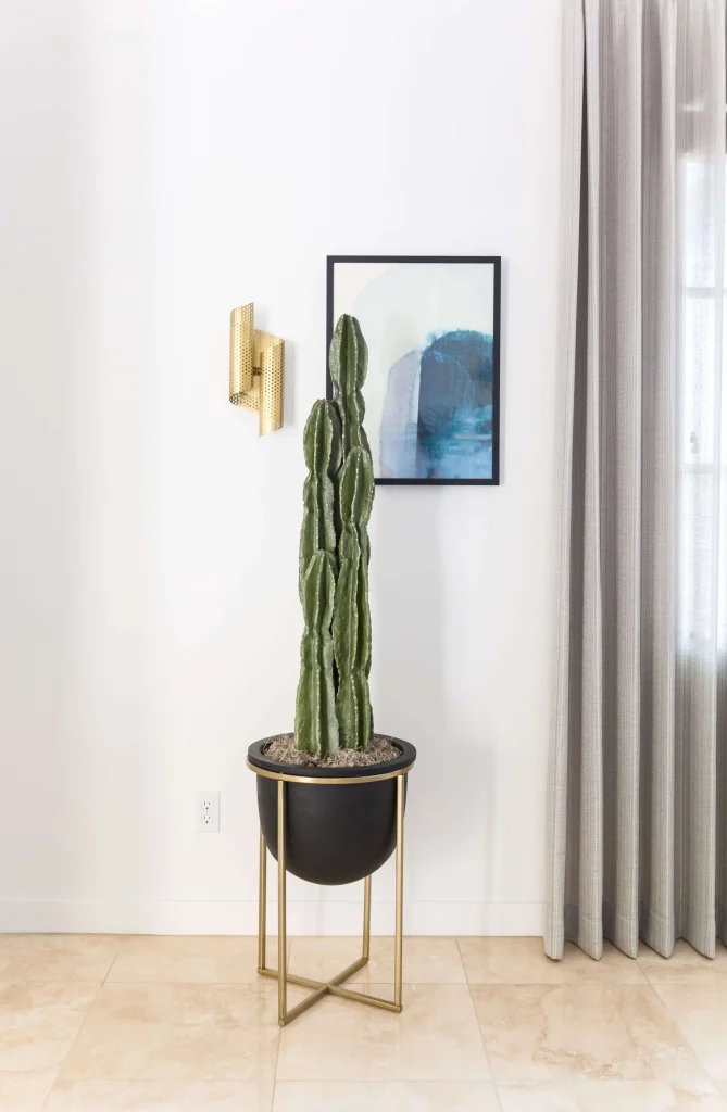 Tall cactus plant in black and gold planter with abstract blue painting and gold wall sconce