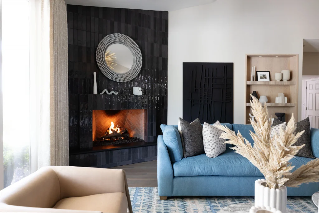 Cozy living room with fireplace and sofas