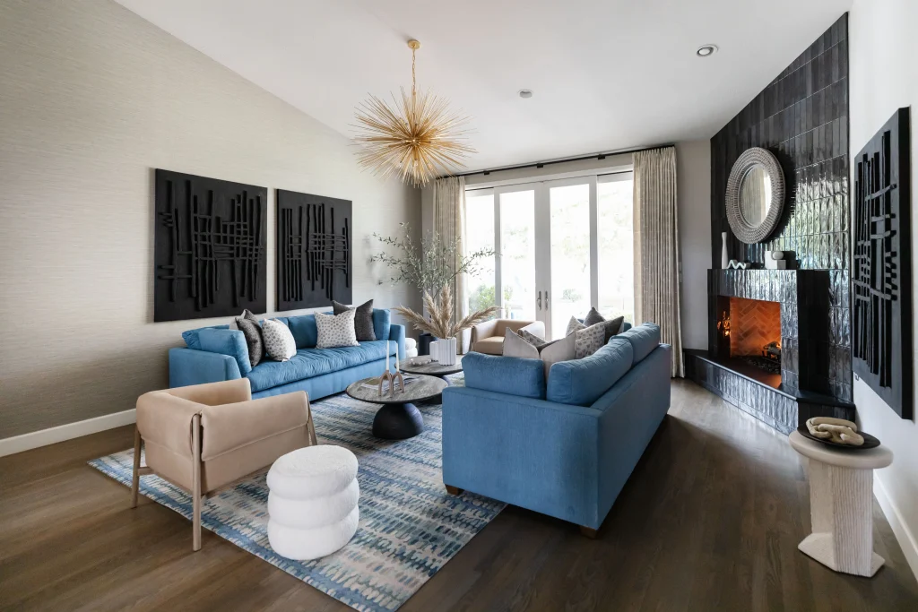 Bright modern living room with fireplace