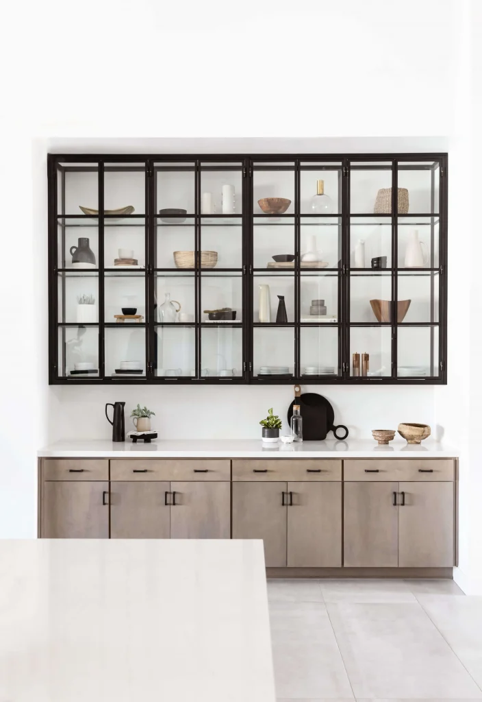 Modern built-in bar with wood cabinetry and black-framed shelving