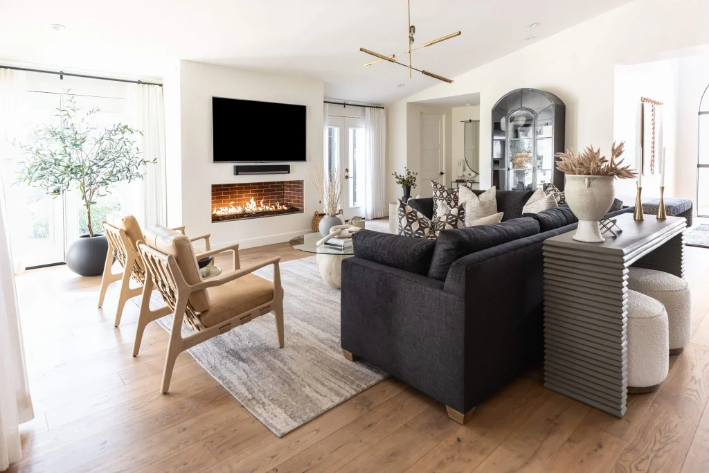 Living room view showing glass doors and seating area