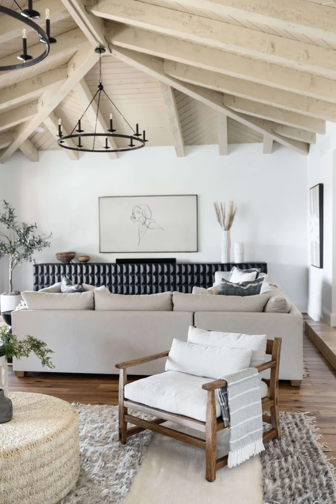 Cozy living room with wooden chair and plush rug