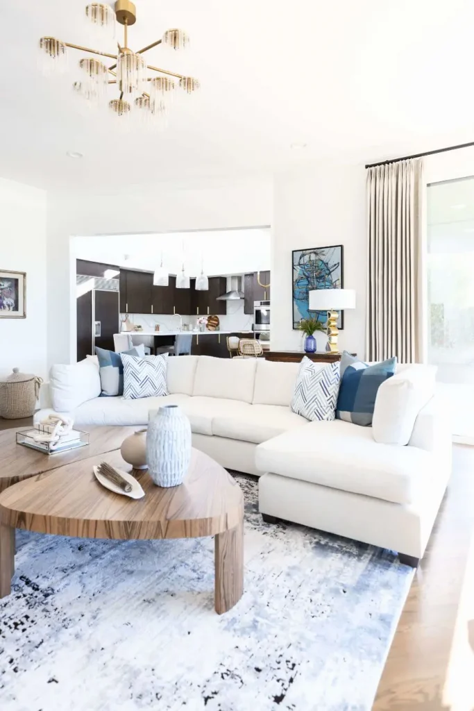 Modern open-concept living room with white sectional sofa