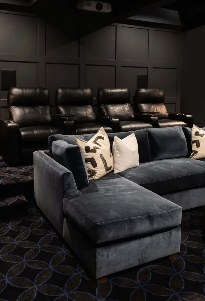 Luxury home theater with sectional sofa and recliners