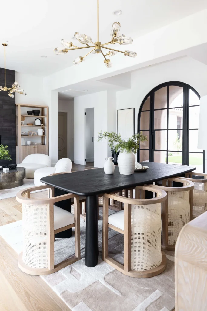 Modern dining room with black table