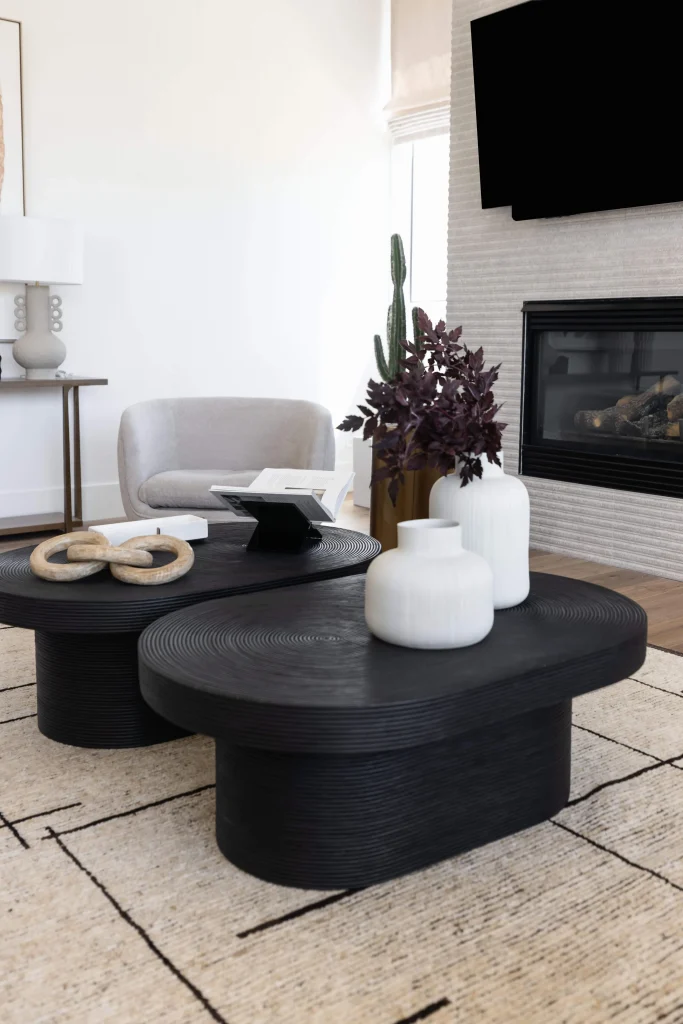 Modern living room with black coffee tables