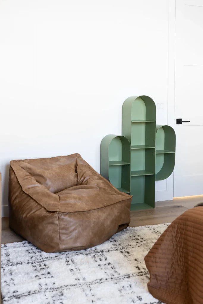 Brown bean bag with cactus shelf