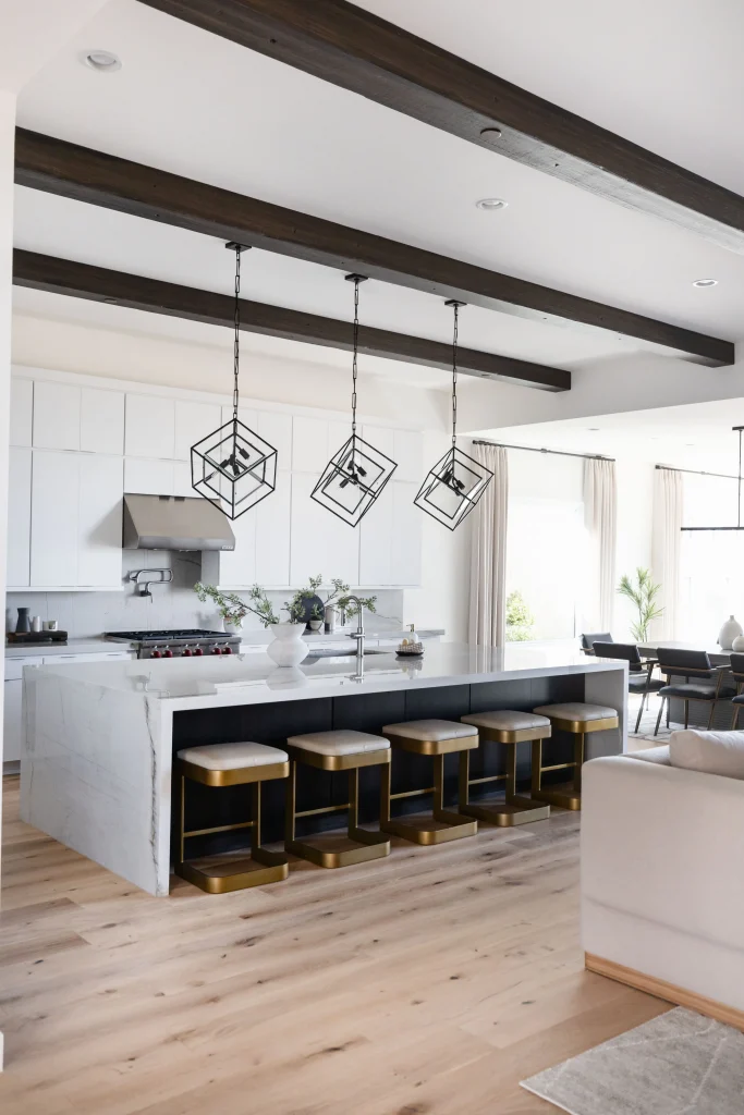 Modern kitchen with bar stools and lights