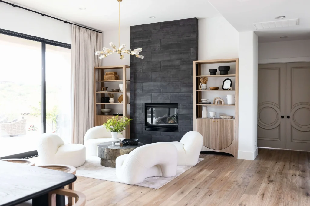 Cozy modern seating area with fireplace