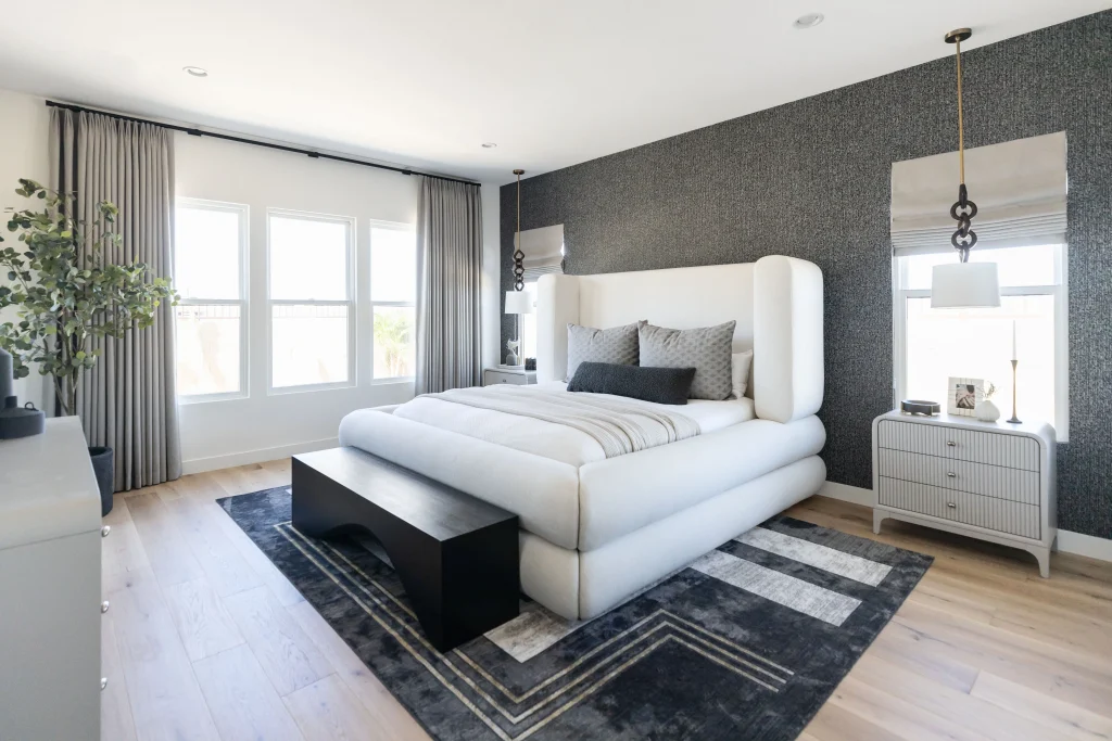 Modern bedroom with upholstered bed