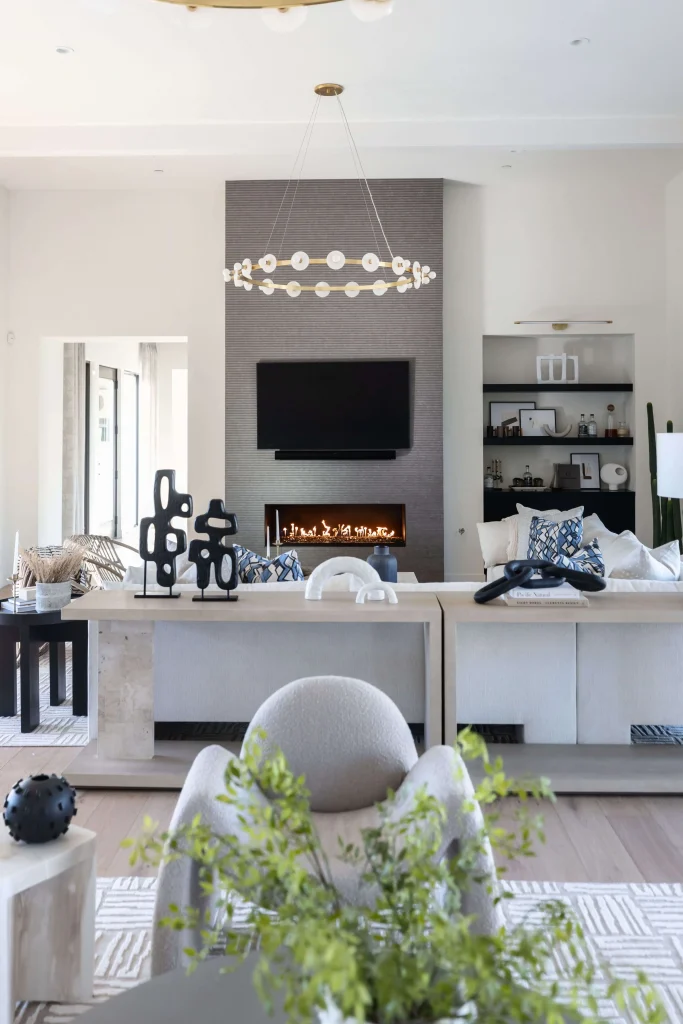 Modern living room with sleek fireplace and neutral decor