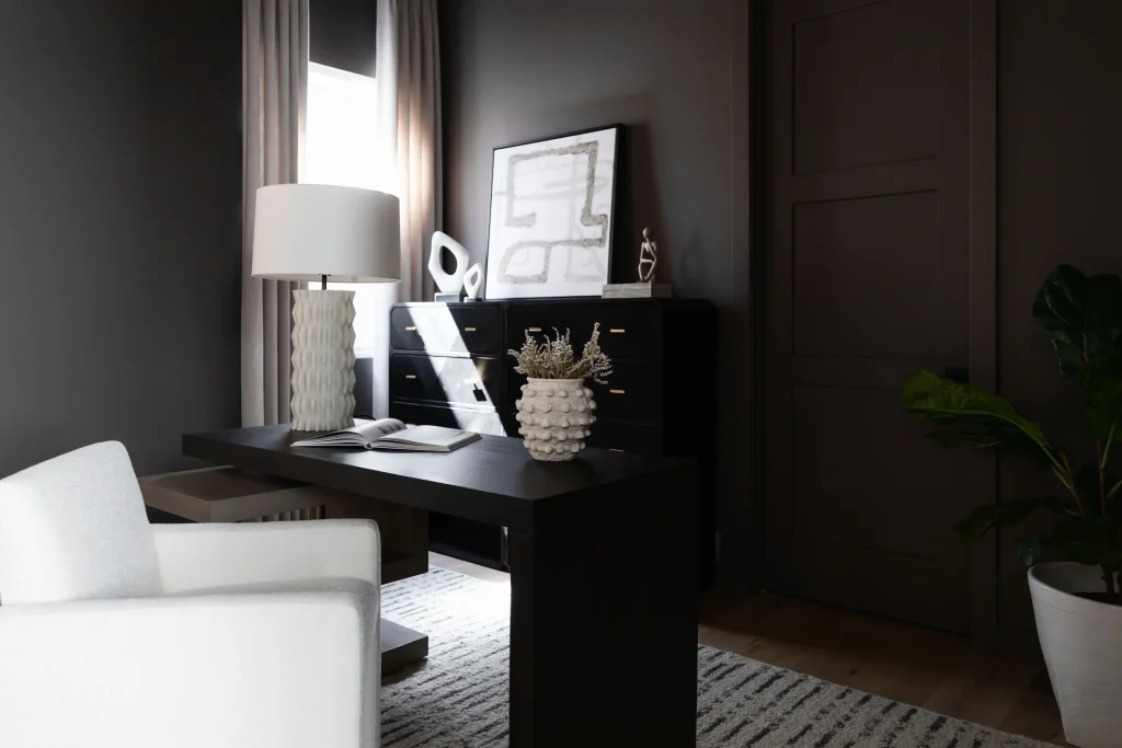 Modern dark home office with decor