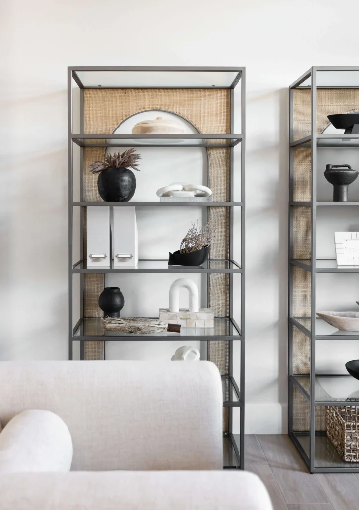 Shelf with sculptural decor and natural accents