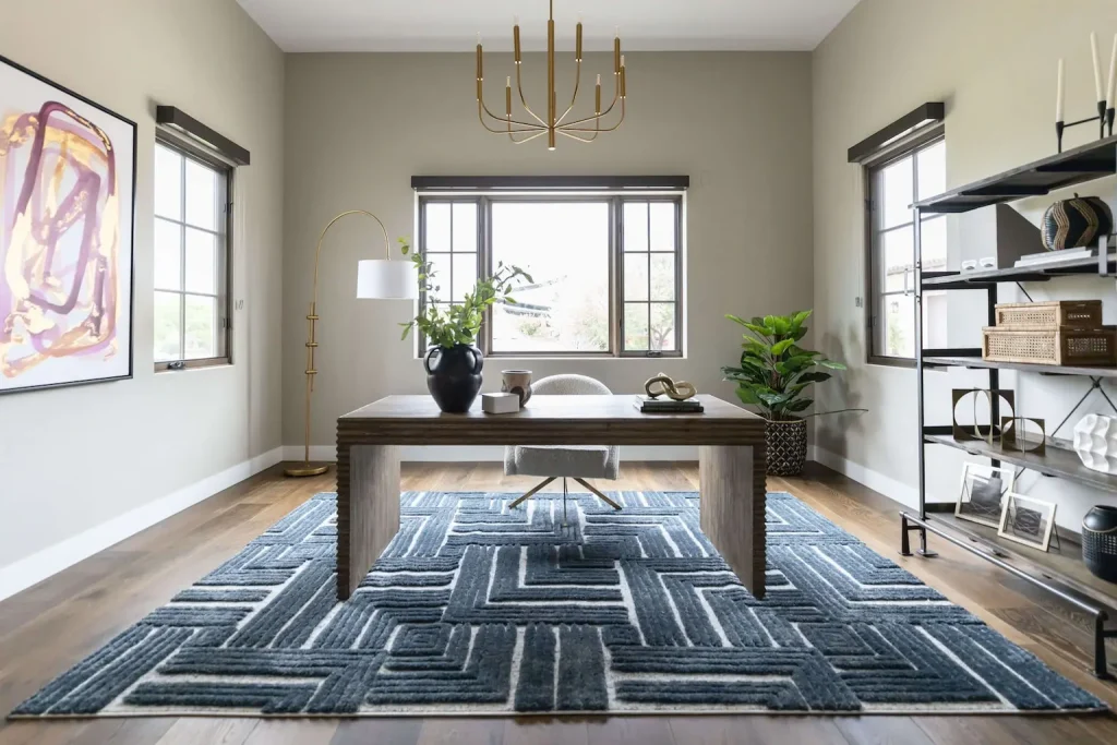 Best home office with wood desk and blue patterned rug