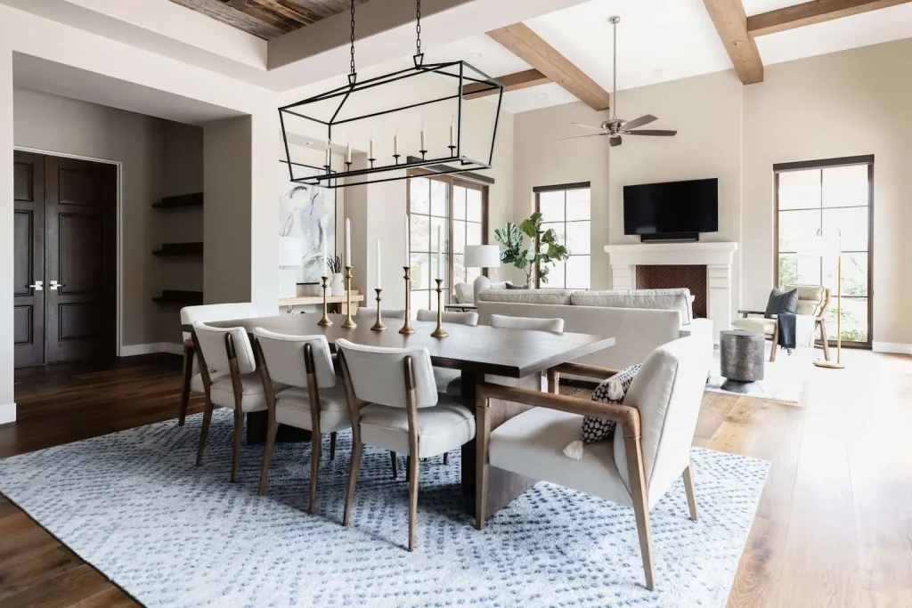 Open-concept dining and living room with modern decor