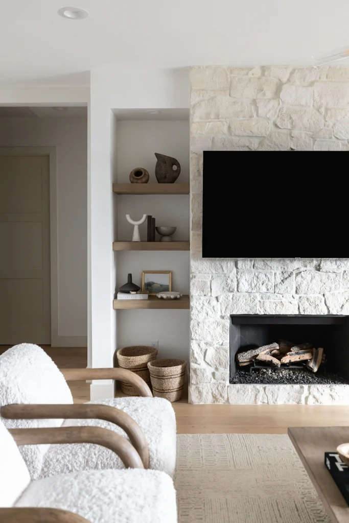 Cozy living room with stone fireplace