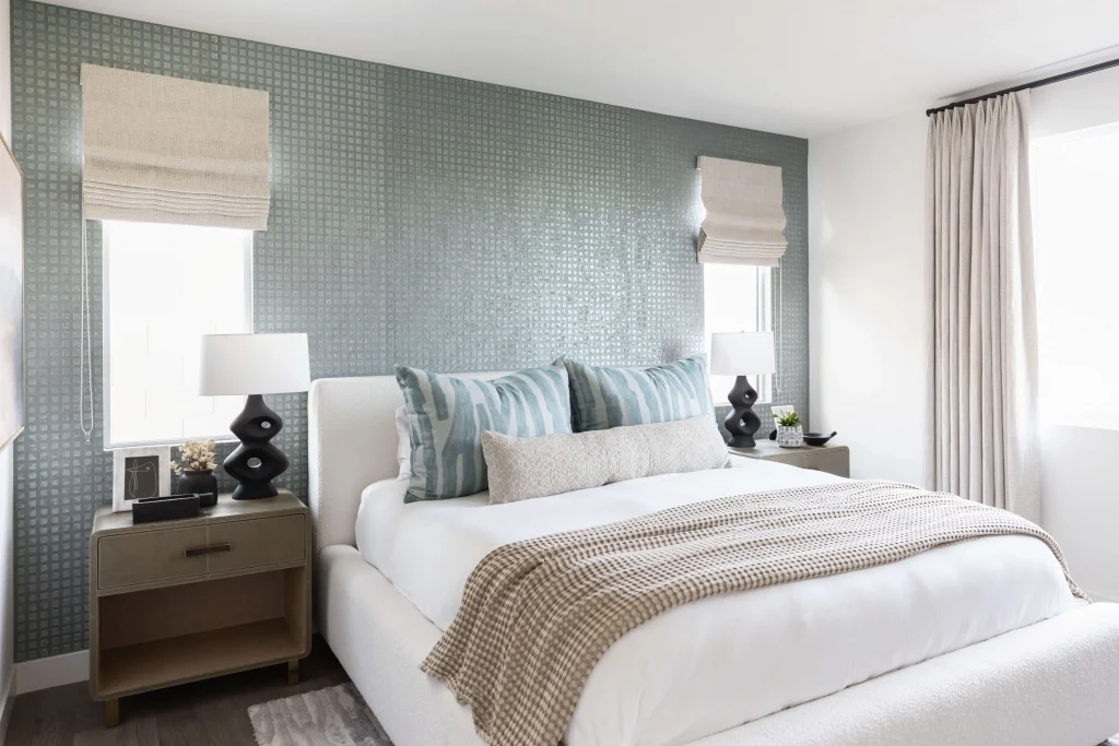 Bedroom with textured blue accent wall