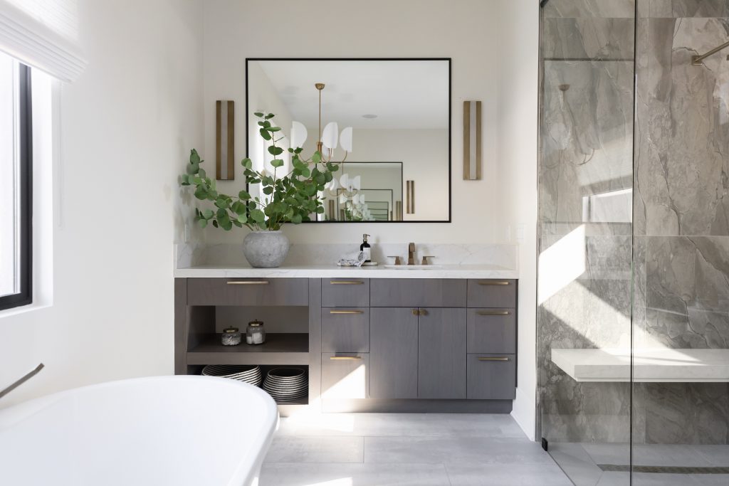 Modern bathroom with vanity and glass shower
