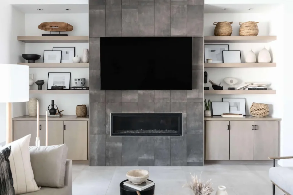 Modern living room with fireplace and built-in shelving