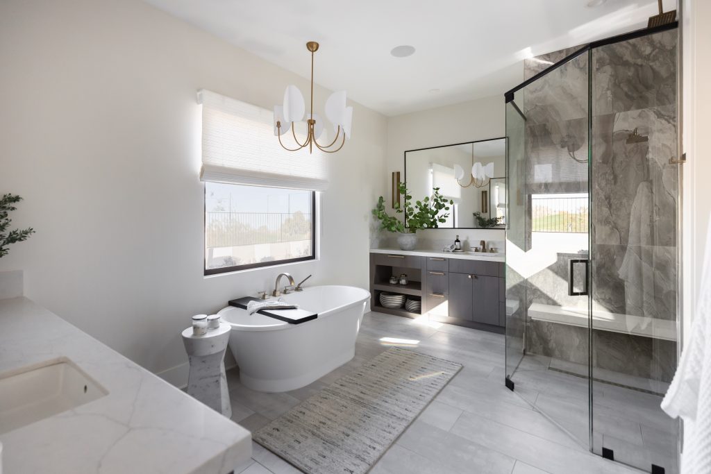 Luxury bathroom with freestanding tub and glass shower