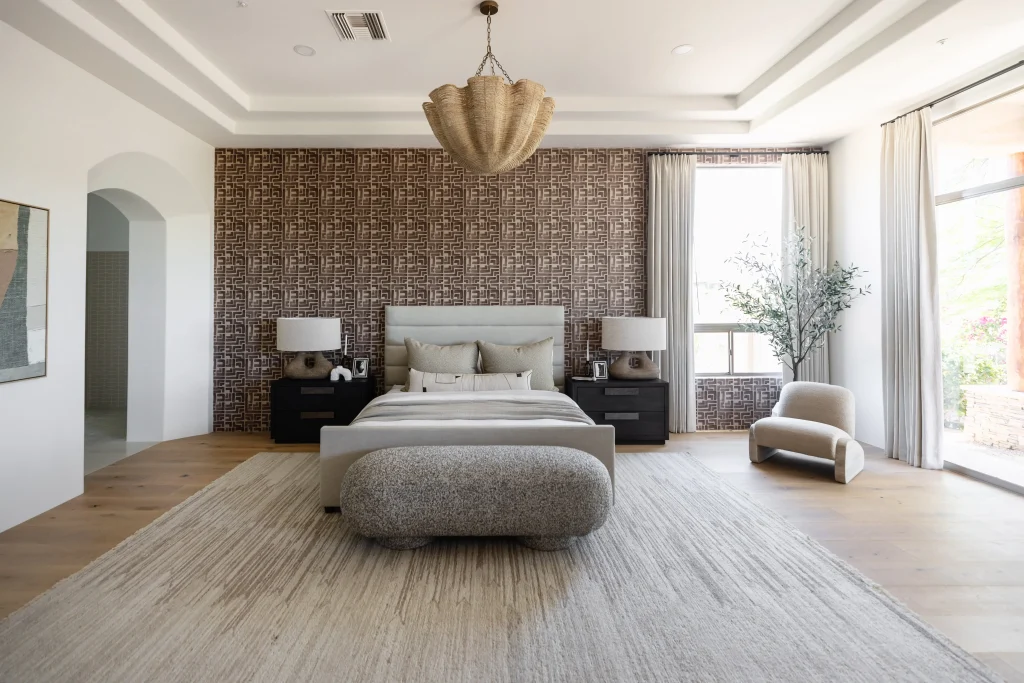 Cozy bedroom with woven headboard and soft neutral tones