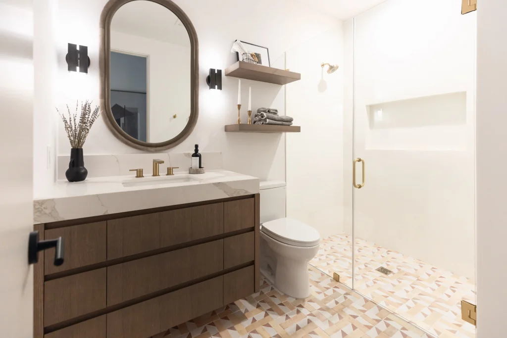 Modern bathroom with walk-in shower and minimalist sink
