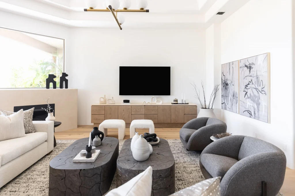 Comfortable living room with modern sectional sofa and artwork