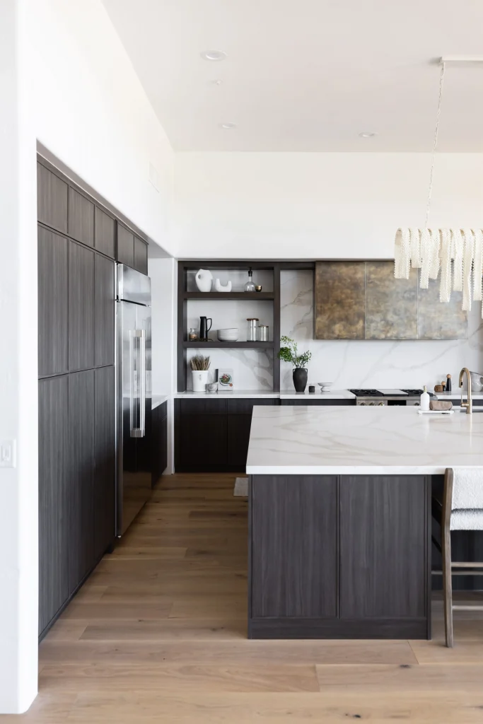 Modern kitchen with open shelving and large island