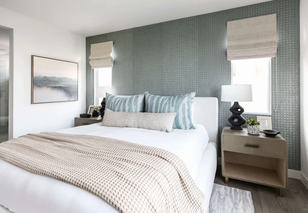 Modern bedroom with patterned accent wall