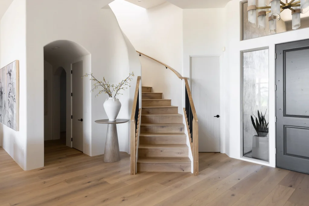 Light wood staircase with vase