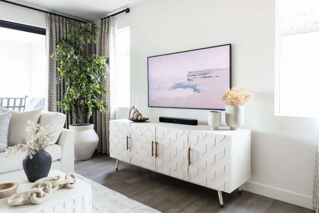 Bright living room with patterned cabinet