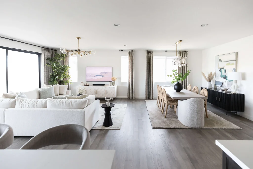 Open-concept living and dining room with modern decor