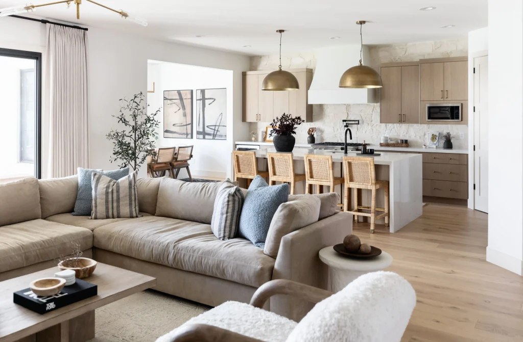 Spacious living room with kitchen view