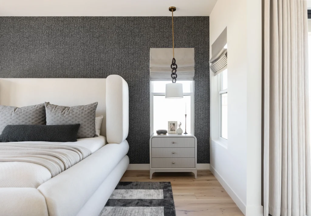 Modern bedroom with tall headboard bed