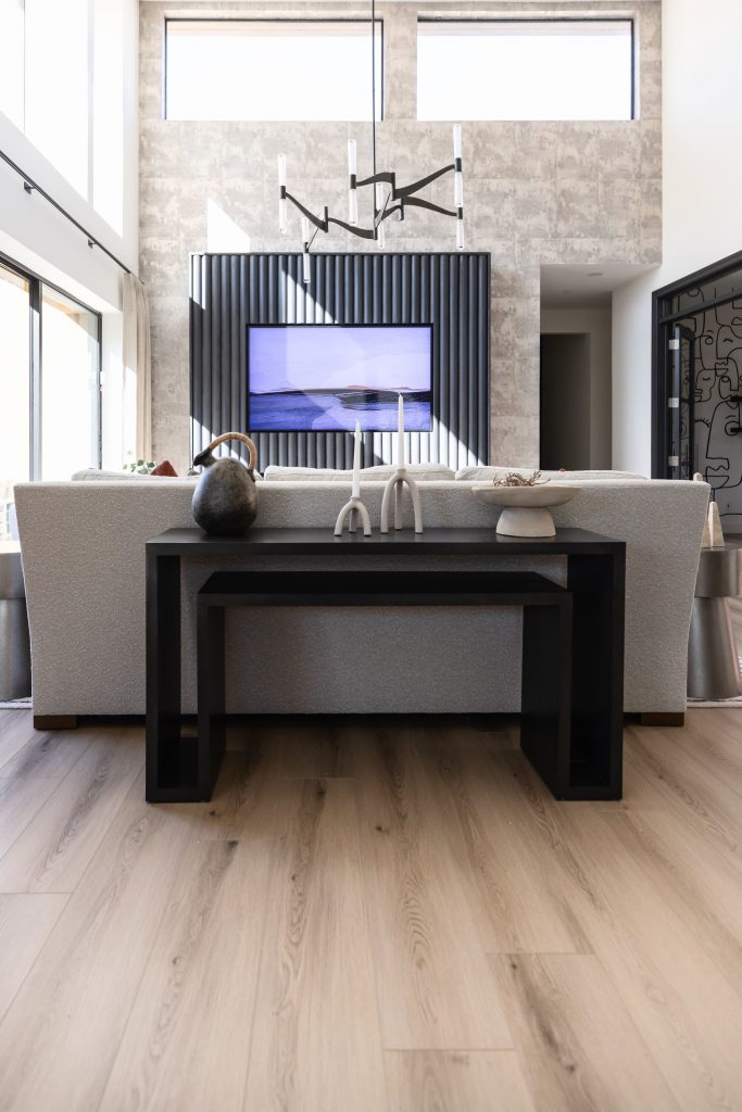 Minimalist living room with black console table