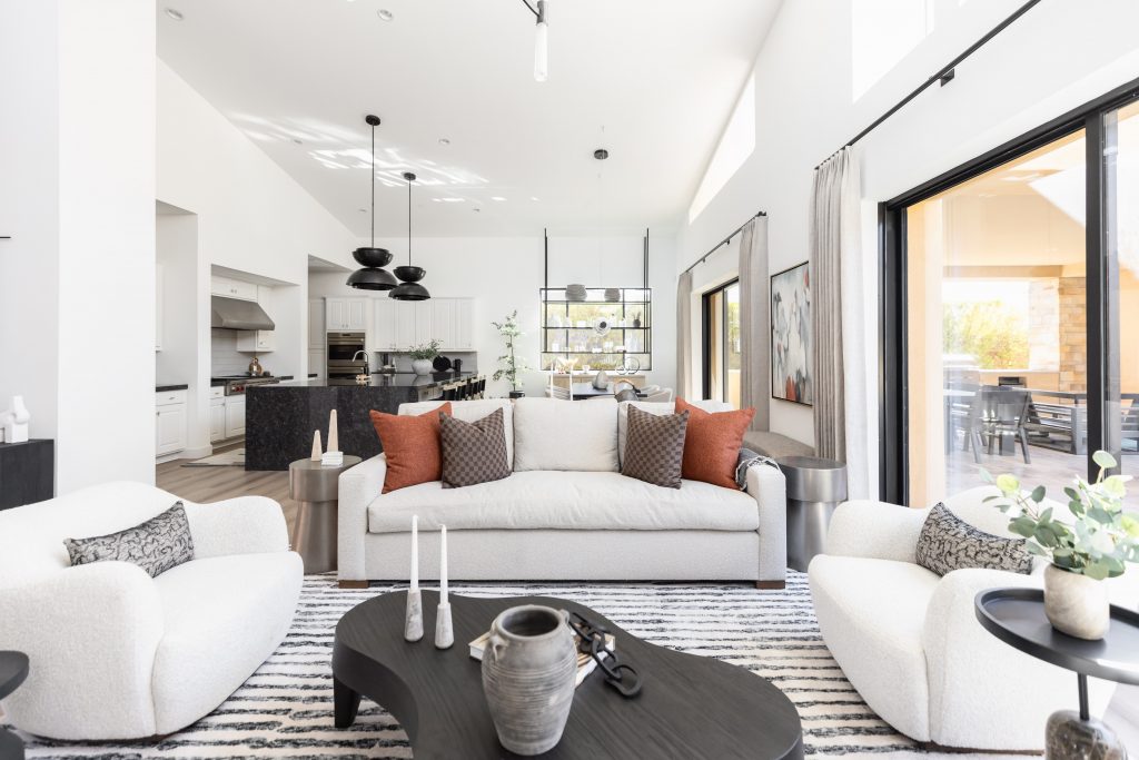 Bright open living room with modern kitchen