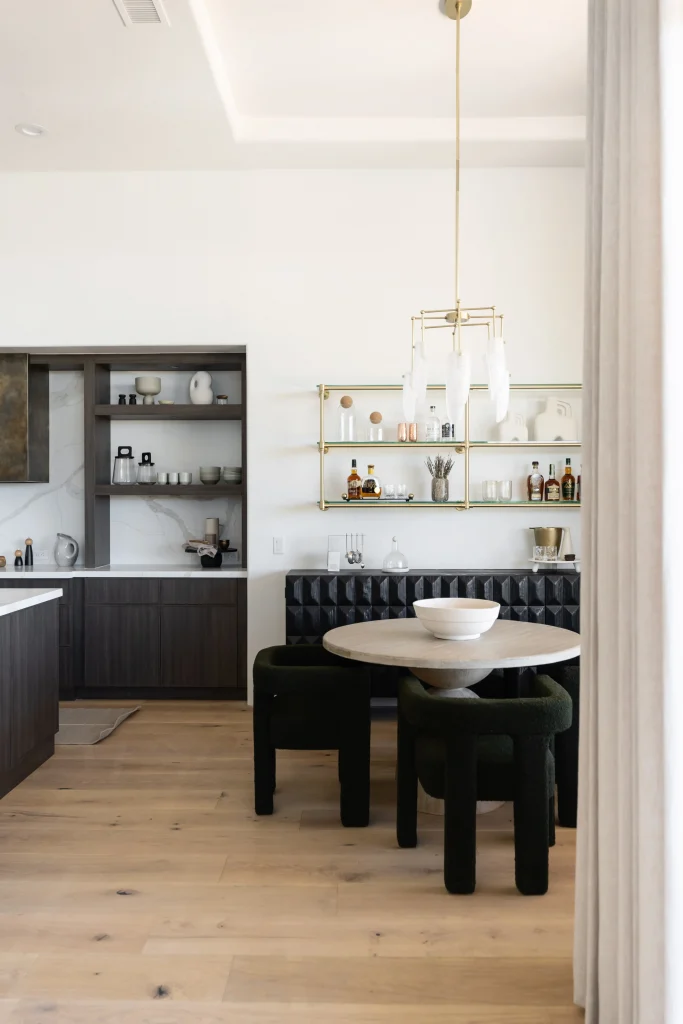 Modern dining nook with bar shelves