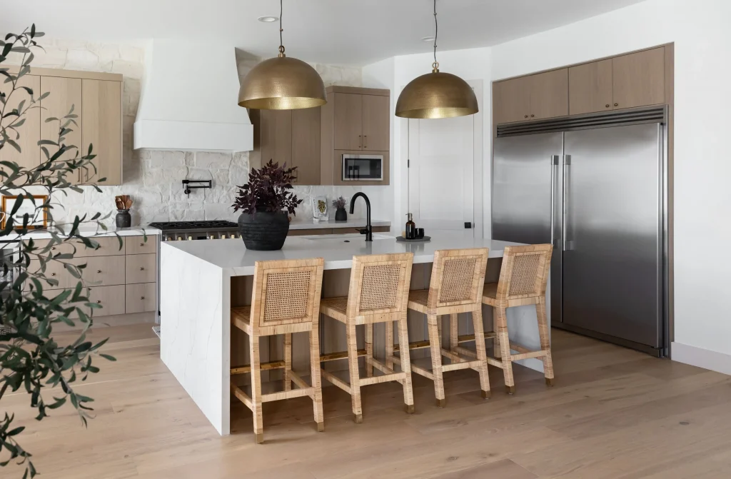 Modern kitchen with woven bar stools