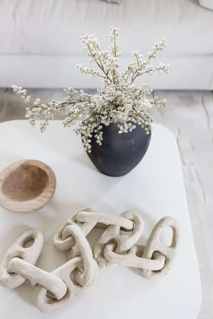 Close-up of a coffee table with decorative items