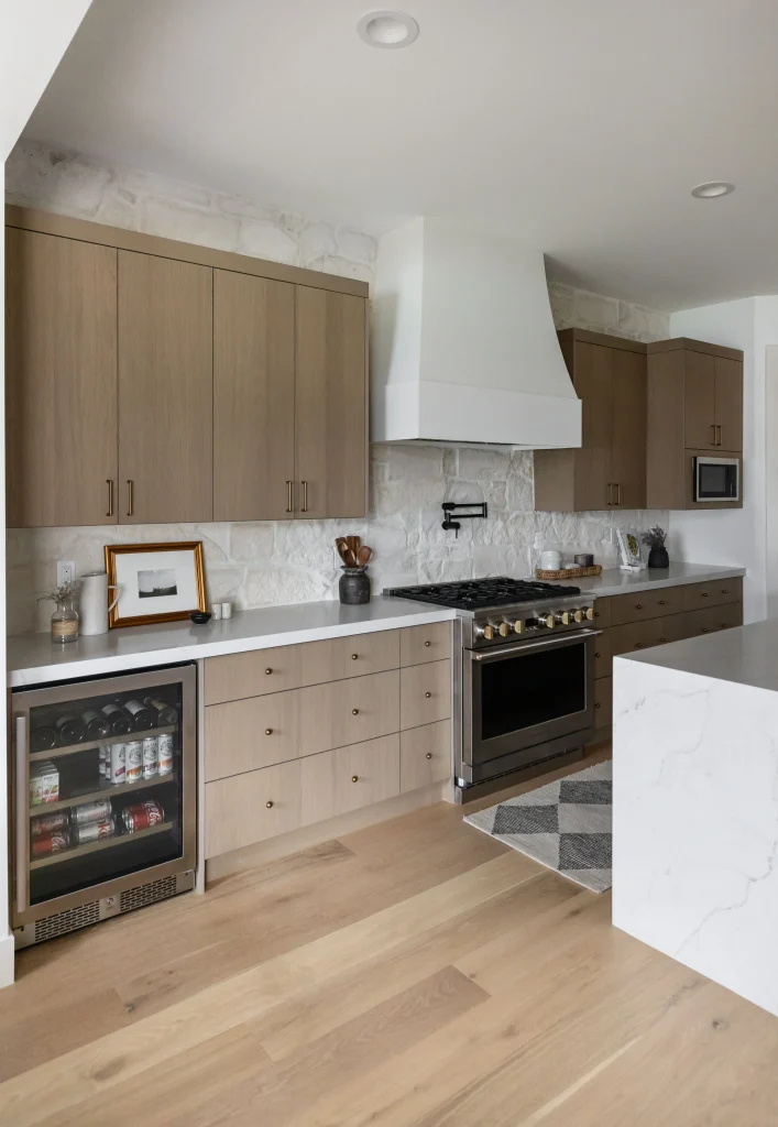 Modern kitchen with marble island and stove