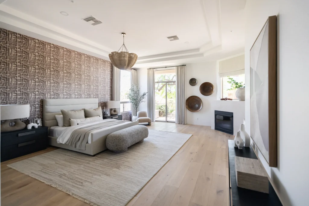 Modern bedroom with patterned wall