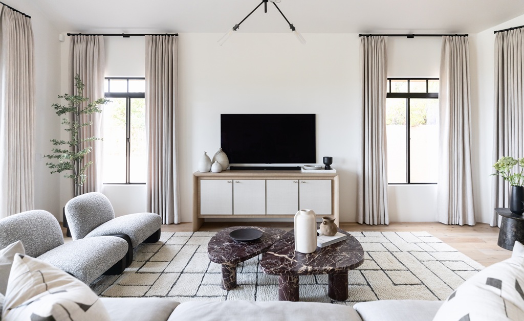 Bright modern living room with marble tables