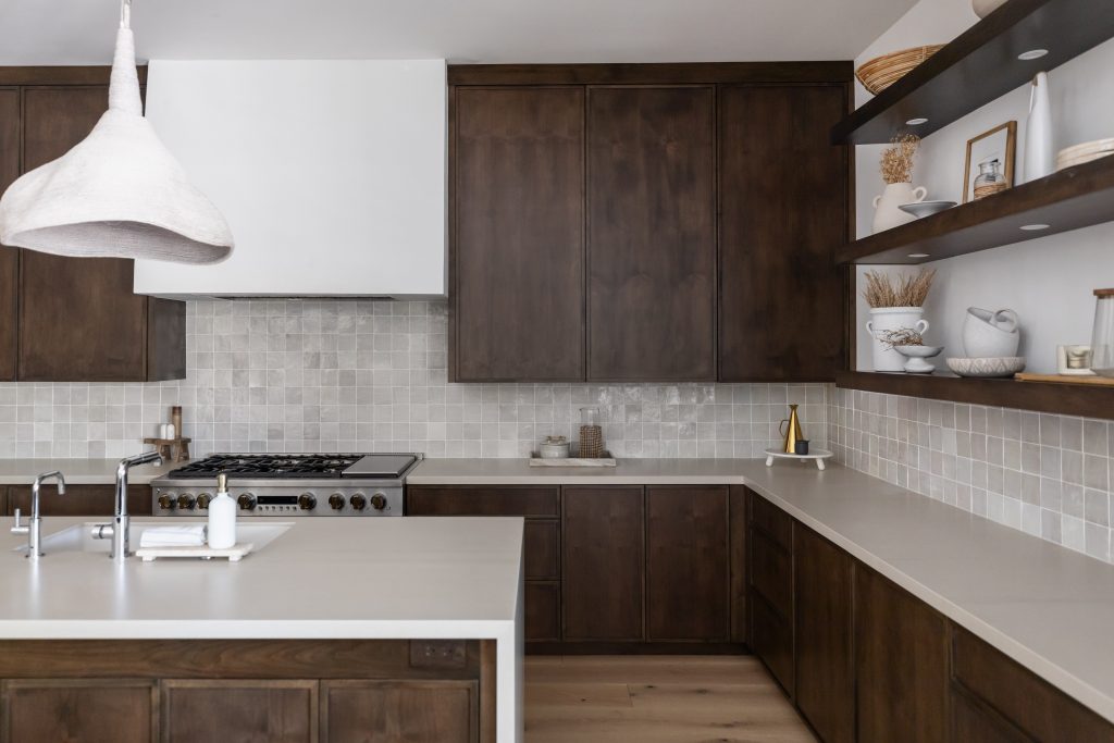 Modern kitchen with dark wooden cabinets