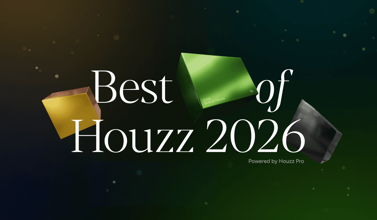 Three geometric shapes and the text "Best of Houzz 2026" appear on a dark background with Houzz Pro branding. — Living with Lolo.