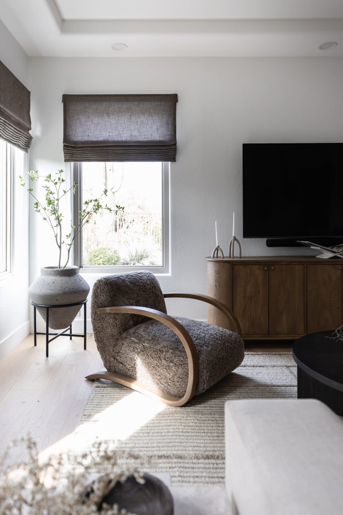 A curved plush chair, wooden cabinet, flat-screen TV, and large potted plant sit by two windows with gray roman shades — Living with Lolo.