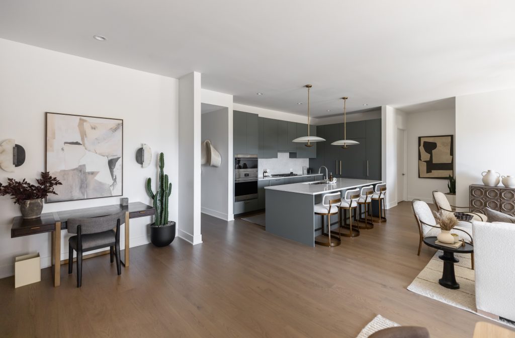 Open-plan kitchen and living area with gray cabinets, a barstool island, minimal decor, indoor plants, and light wood floors. — Living with Lolo.