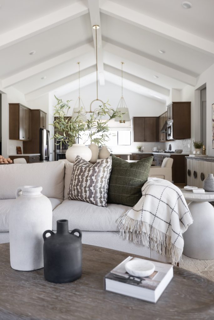 Modern living room with a light sofa, patterned pillows, throw blanket, wooden coffee table, and open kitchen with dark cabinets—Living with Lolo.